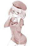  &gt;:/ 1girl adjusting_glasses beret bespectacled blush closed_mouth dress eyebrows eyebrows_visible_through_hair glasses hat kantai_collection looking_at_viewer monochrome neckerchief number sailor_dress semi-rimless_glasses short_hair solo sumisu_(mondo) under-rim_glasses z3_max_schultz_(kantai_collection) 