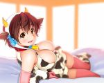  1girl animal_ears bed_sheet bell bell_collar blush breasts brown_eyes brown_hair cleavage collar cow_bell cow_ears cow_horns cow_print elbow_gloves gloves headset horns idolmaster idolmaster_cinderella_girls kazuma_muramasa large_breasts looking_at_viewer lying oikawa_shizuku on_side open_mouth pink_legwear short_hair smile solo thigh-highs 