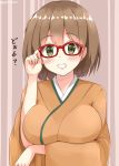  1girl artist_name blush breast_hold breasts chaa_(korone-ze) glasses grin highres hiryuu_(kantai_collection) japanese_clothes kantai_collection large_breasts looking_at_viewer smile solo translation_request 