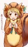  1girl absurdres animal_costume animal_ears blush commentary_request drill_hair earrings highres idolmaster idolmaster_cinderella_girls jewelry light_brown_eyes light_brown_hair long_sleeves looking_to_the_side minigirl morikubo_nono okitsugu open_mouth short_hair simple_background solo squirrel_costume squirrel_ears squirrel_tail tail white_background 