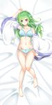  1girl arm_up bangs bare_shoulders barefoot bed_sheet blue_eyes blush bow bow_bra bow_panties bra breasts closed_mouth collarbone dakimakura detached_sleeves eyebrows eyebrows_visible_through_hair frog_hair_ornament green_hair groin hair_ornament hair_tubes highres kochiya_sanae lace lace-trimmed_bra lace-trimmed_panties legs_together long_hair looking_at_viewer lying medium_breasts midriff navel on_back on_bed panties snake_hair_ornament solo stomach thigh_gap toenails touhou underwear wide_sleeves xianjian_lingluan 