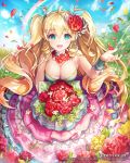  1girl :d aqua_eyes bangs blonde_hair bouquet bow breasts carnation cleavage clouds collar company_name copyright_name dress drill_hair flower flower_necklace gio_(maroon0924) hair_bow hair_flower hair_ornament hand_up holding_bouquet jewelry large_breasts layered_dress light_rays long_hair looking_at_viewer multicolored_dress necklace open_mouth outdoors petals rainbow ringlets sky smile solo strapless strapless_dress sunbeam sunlight tenkuu_no_crystalia twin_drills twintails very_long_hair watermark web_address wristband 