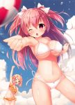  &gt;_&lt; 2girls :d ;o absurdres ahoge arm_up ball bikini blonde_hair blush blush_stickers breasts character_request clenched_hands closed_eyes clouds day fang hair_ribbon highres large_breasts long_hair multiple_girls navel one_eye_closed open_mouth orange_bikini outdoors pink_eyes pink_hair ribbon short_hair side-tie_bikini sky smile swimsuit two_side_up white_bikini yaki_mayu 