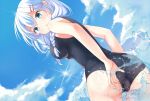  1girl adjusting_clothes adjusting_swimsuit ass blue_eyes blue_hair braid breasts clouds from_behind girlfriend_(kari) hair_ornament hairclip long_hair looking_back murakami_fumio one-piece_swimsuit open_mouth roumu school_swimsuit sky solo sun swimsuit trefoil twin_braids twintails water 