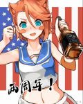  &gt;:d 15k 1girl :d @_@ alcohol american_flag animal_ears bangs blue_eyes bottle cat_ears chinese clenched_hand collarbone crop_top drunk eyebrows eyebrows_visible_through_hair fang flag_background hair_between_eyes holding holding_bottle jack_daniel&#039;s laffey_(zhan_jian_shao_nyu) midriff navel open_mouth redhead sailor shirt short_hair sleeveless smile solo star star_print swept_bangs text upper_body weibo_username whiskey white_shirt zhan_jian_shao_nyu 