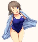  1girl bangs blue_eyes brown_hair competition_swimsuit highres love_live! love_live!_sunshine!! nozomi-y one-piece_swimsuit one_eye_closed open_mouth short_hair simple_background smile solo swept_bangs swimsuit swimsuit_under_clothes watanabe_you 