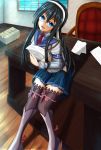  1girl black_hair boots chair desk firolat glasses hip_vent holding_paper kantai_collection leaning_on_object office_chair ooyodo_(kantai_collection) open_mouth papers pleated_skirt school_uniform serafuku skirt solo thigh-highs window wooden_floor zettai_ryouiki 