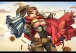  1girl 2016 aiming_at_viewer basket beads belt_buckle belt_pouch black_pants breasts broken_glass brown_gloves brown_hair brown_hat buckle bullet bullet_hole cape chaps cigar clouds covered_navel cowboy_hat cowboy_shot day drawstring eyelashes female finger_on_trigger floating_hair genderswap genderswap_(mtf) glass gloves groin gun hair_between_eyes hair_intakes handgun hat hat_removed headwear_removed highres holding holding_gun holding_weapon letterboxed long_hair looking_at_viewer mccree_(overwatch) medium_breasts motion_blur mouth_hold multiple_belts outdoors outstretched_arm overwatch pants qi_kou red_cape red_lips shell_casing sky smile smoke smoking solo torn_cape tube under_boob weapon yellow_eyes 