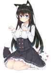  1girl animal_ears black_hair blue_eyes blush breasts cat cat_ears coffeedog long_hair long_sleeves looking_at_viewer original paw_pose simple_background sitting solo virgin_killer_outfit wariza white_background 