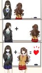  2girls 3koma absurdres asymmetrical_bangs bangs blazer blush brown_hair cardigan cellphone closed_eyes collarbone comic double_v earrings eraser green_eyes hand_in_pocket heart highres idolmaster idolmaster_cinderella_girls jacket jewelry long_hair looking_at_another looking_away marker math multiple_girls necklace necktie one_side_up phone pleated_skirt school_uniform shibuya_rin shiki_(0802makimari) shimamura_uzuki skirt smartphone smile v whiteboard yuri 