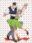  1boy 1girl :d artist_name belt brown_eyes brown_hair dancing dress flipped_hair full_body grin height_difference holding_hands hyakujuu-ou_golion looking_at_another multicolored_hair open_mouth pale_skin patterned_background pidge_gundarsson smile socks t_k_g takashi_shirogane two-tone_hair voltron:_legendary_defender 