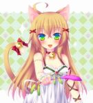  ahoge animal_ears bell bell_collar blush breasts brown_hair cat_ears cat_tail cleavage collar enokorogusa_(flower_knight_girl) fang flower_knight_girl green_eyes haineko_(die_verschwand) hair_ornament long_hair looking_at_viewer tail tail_bell 