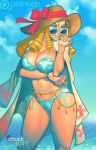  1girl alternate_costume belly_chain bikini blonde_hair blue_eyes bracelet breast_hold breasts chuck_pires cleavage eyebrows green_bikini hat highres jacket_on_shoulders jewelry kanzuki_karin large_breasts lips long_hair ringlets side-tie_bikini solo standing street_fighter street_fighter_v sun_hat sunglasses swimsuit 