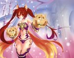  1girl absurdres animal_ears armor armored_boots bare_shoulders bell bell_collar bikini_armor boots breasts cerberus_(shingeki_no_bahamut) cleavage collar collarbone dog_ears grin highres long_hair medium_breasts mrnn panties purple_panties red_eyes redhead shingeki_no_bahamut side-tie_panties smile solo strapless twintails underwear 