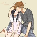  1boy 1girl black_hair blue_eyes blush_stickers brown_hair casual closed_eyes couple denim hetero jeans kitashirakawa_tamako long_hair momose_(oqo) ooji_mochizou pants shirt short_hair sitting t-shirt tamako_market 