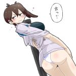  &gt;:( 1girl aono3 ass brown_eyes brown_hair from_behind hakama_skirt highres japanese_clothes kaga_(kantai_collection) kantai_collection looking_at_viewer looking_back muneate no_pants panties side_ponytail simple_background solo tasuki translated underwear wavy_mouth white_background white_panties 