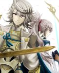  2boys armor back-to-back bow_(weapon) dutch_angle fire_emblem fire_emblem_if hypertrampo long_hair male_focus male_my_unit_(fire_emblem_if) multiple_boys my_unit_(fire_emblem_if) ponytail red_eyes silver_hair simple_background sword takumi_(fire_emblem_if) weapon white_background 