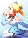  1girl ayase_eli black_bow blonde_hair blue_eyes bow bowtie earrings eyebrows eyebrows_visible_through_hair hair_ornament jewelry long_hair looking_at_viewer love_live! love_live!_school_idol_project ookami_maito ponytail signature smile solo 