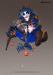  1boy alternate_costume amputee blue_hair blue_lipstick blue_nails bomb boots chain dashiana facepaint full_body hair_ornament hat highres jester jester_cap jester_junkrat jumping junkrat_(overwatch) lipstick makeup mechanical_arm nail_polish one_eye_closed overwatch pale_skin peg_leg revision solo yellow_eyes 