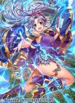  1girl armpits bare_shoulders book boots cape casting_spell company_name dress electricity fire_emblem fire_emblem:_seisen_no_keifu fire_emblem_cipher jewelry long_hair official_art ponytail purple_hair short_dress side_slit thighs tiltyu_(fire_emblem) violet_eyes 