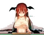  1girl black_bra board_game bra bra_removed breasts clothes_removed collarbone covering covering_breasts futatsuki_eru head_wings koakuma long_hair mahjong mahjong_tile navel pointy_ears red_eyes redhead sitting solo tears topless touhou underwear wings 