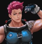  1girl absurdres arm_tattoo biceps breasts closed_mouth fingerless_gloves flexing gloves green_eyes highres looking_at_viewer medium_breasts muscle muscular_female overwatch pink_hair pink_lips pose scar scar_across_eye short_hair sleeveless smile solo tattoo upper_body zarya_(overwatch) 