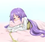  1girl bangs blush chain covered_mouth cuffs flower gnlo hair_flower hair_ornament long_hair long_sleeves looking_at_viewer lying on_stomach puffy_long_sleeves puffy_sleeves purple_hair shackles solo touhou tsukumo_benben under_covers violet_eyes 