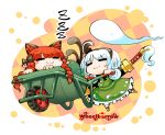  2girls =_= animal_ears black_bow bow braid cat_ears checkered checkered_background closed_eyes hair_bow hair_ribbon hairband kaenbyou_rin kashuu_(b-q) konpaku_youmu konpaku_youmu_(ghost) multiple_girls redhead ribbon short_hair sleeping sword touhou tress_ribbon twin_braids weapon wheelbarrow white_hair zzz |3 