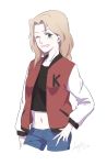  1girl alternate_costume artist_name blonde_hair cropped_legs denim denim_shorts girls_und_panzer hand_on_hip kay_(girls_und_panzer) letterman_jacket long_hair midriff navel neiigal one_eye_closed shorts solo tank_top white_background 