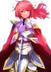  1girl absurdres ahoge armor cape cowboy_shot full_armor gauntlets gloves highres long_hair looking_at_viewer original pink_eyes pink_hair rapier simple_background solo sword tarbo_(exxxpiation) weapon white_background 