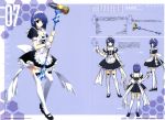  1girl absurdres black_bow blue_eyes blue_hair bow concept_art dress hammer highres holding holding_weapon kouno_itsuki looking_at_viewer maid maid_headdress phantom_breaker polearm puffy_short_sleeves puffy_sleeves short_sleeves simple_background standing suzuhira_hiro thigh-highs turnaround weapon white_dress white_legwear wrist_cuffs zettai_ryouiki 