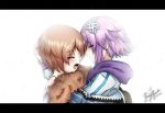  blanc blue_eyes brown_hair crying d-pad hair_ornament highres neptune_(choujigen_game_neptune) neptune_(series) purple_hair rain short_hair tears verniy_misaki violet_eyes 