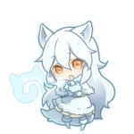  1girl :o animal_ears arctic_fox_(kemono_friends) breath capelet chibi cold collar dot_nose eyebrows_visible_through_hair fox_ears fox_tail fur-trimmed_boots fur_collar fur_trim japari_symbol kemono_friends light_brown_eyes long_hair looking_at_viewer lowres maora_oto open_mouth simple_background skirt solo standing tail tsurime twitter_username very_long_hair wavy_hair white_background white_hair 