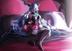  1girl bare_shoulders blue_eyes blue_hair breasts hatsune_miku highres long_hair looking medium_breasts on_bed saggitary sample skirt smirk solo thigh-highs twintails very_long_hair vocaloid 