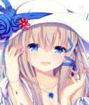  1girl :d blonde_hair blue_eyes blue_feathers blue_flower blue_ribbon braid breasts cleavage feathers flower gem hand_in_hair hat highres jewelry jyt lexington_(zhan_jian_shao_nyu) necklace open_mouth petals portrait ribbon ring smile solo teeth white_hat zhan_jian_shao_nyu 