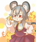  1girl animal_ears belly_grab capelet cheese eating full_mouth furorina grey_hair highres jewelry mouse_ears mouse_tail nazrin pendant red_eyes short_hair skirt solo tail touhou weight_conscious 