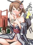  1girl alternate_costume alternate_eye_color bare_legs bare_shoulders blush bottle breasts brown_eyes brown_hair cannon check_commentary cleavage collarbone commentary_request dated explosion eyebrows eyebrows_visible_through_hair floral_print flower hair_between_eyes hair_flower hair_ornament japanese_clothes kantai_collection kimono medium_breasts mutsu_(kantai_collection) no_nose obi open_clothes open_kimono open_mouth panties sash short_hair solo tatsumi_rei turret twitter_username underwear white_background white_panties yukata 