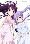  absurdres blue_eyes bow casual digital_media_player hair_bow highres long_hair lying megami new_game! official_art on_back ponytail purple_hair simple_background smile suzukaze_aoba takimoto_hifumi twintails violet_eyes white_background 