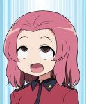  1girl ahegao bangs brown_eyes emblem girls_und_panzer jacket masara military military_uniform open_mouth parted_bangs pink_hair red_jacket rosehip short_hair solo uniform upper_body 