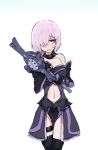  1girl adapted_costume armor bare_shoulders blush breasts depo_(typebaby505) detached_collar elbow_gloves embarrassed fate/grand_order fate_(series) gloves gradient gradient_background hair_over_one_eye holding large_breasts magical_girl midriff navel navel_cutout open_mouth purple_armor purple_gloves purple_hair purple_skirt shield shielder_(fate/grand_order) short_hair showgirl_skirt skirt solo sweatdrop thigh-highs thigh_strap violet_eyes white_background 