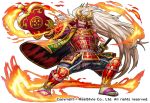  1boy armor facial_hair fire flame greaves helmet japanese_armor kabuto long_hair male_focus mustache official_art sengoku_x sheath sheathed shiro_kikuya solo sword takeda_shingen watermark weapon weapon_request white_background white_hair 