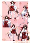 1girl absurdres brown_hair concept_art fighting_stance hand_on_hip highres holding holding_weapon japanese_clothes kumon_waka long_hair looking_at_viewer miko naginata open_mouth phantom_breaker polearm sandals simple_background solo standing suzuhira_hiro thigh-highs very_long_hair weapon white_legwear wide_sleeves 