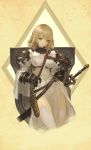  1girl armor blonde_hair blush breasts closed_mouth copyright_request cropped_legs dress gauntlets head_tilt medium_breasts n.a. sheath sheathed shield short_sword solo sword thigh-highs weapon white_dress white_legwear yellow_eyes 