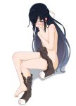  1girl black_hair blush boots_removed covering covering_breasts hair_over_one_eye hayashimo_(kantai_collection) highres kantai_collection long_hair looking_at_viewer nude ru2n131 sitting solo sweatdrop violet_eyes 