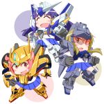  3girls :d ^_^ ^o^ blonde_hair chibi closed_eyes delta_gundam_kai delta_plus gundam gundam_unicorn highres hinata_yukari hyaku_shiki ichii_yui long_hair low_twintails mecha_musume multiple_girls nonohara_yuzuko open_mouth pink_eyes pink_hair purple_hair short_hair smile tei-o twintails yellow_eyes yuyushiki 