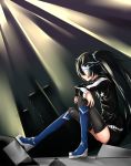  1girl absurdres black_hair black_legwear black_rock_shooter black_rock_shooter_(character) black_shorts black_sweater blue_background blue_boots blue_eyes boots burning_eyes crossed_arms hair_between_eyes hair_ornament highres knee_boots long_hair mrnn shorts sitting solo star star_hair_ornament star_print sweater thigh-highs wings 