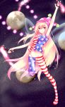  1girl adapted_costume american_flag_legwear american_flag_shirt arm_up armpits bare_shoulders blonde_hair breasts closed_mouth clownpiece commentary_request covered_nipples danmaku earth fairy_wings frilled_shirt_collar frills full_body groin hat highres jester_cap long_hair looking_at_viewer moon navel no_panties pantyhose pink_eyes polka_dot print_legwear sakushou shirt sky sleeveless sleeveless_shirt small_breasts smile solo space star star_(sky) star_print starry_sky stomach torch touhou very_long_hair wings 