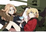  2girls arm_behind_head blonde_hair blue_eyes bomber_jacket boots churchill_(tank) cup darjeeling denim denim_shorts girls_und_panzer green_eyes ground_vehicle headphones jacket kay_(girls_und_panzer) midriff military military_vehicle motor_vehicle multiple_girls ree_(re-19) saucer shorts tank tank_top teacup thigh-highs white_background white_legwear 