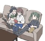  3girls asymmetric_gloves black_hair black_legwear brown_hair camouflage couch elbow_gloves feet_on_table fingerless_gloves game_console gloves green_hair hair_ribbon hakama_skirt handheld_game_console highres japanese_clothes kaga_(kantai_collection) kantai_collection katsuragi_(kantai_collection) long_hair midriff multiple_girls playing_games pleated_skirt pointing ponytail remodel_(kantai_collection) ribbon sanpatisiki side_ponytail sitting skirt smile sweatdrop table thigh-highs twintails white_ribbon zuikaku_(kantai_collection) 
