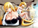  2girls bakemonogatari bare_shoulders blonde_hair breasts chin_rest cleavage collarbone crossed_legs doughnut dress dual_persona elbow_gloves food gloves kiss-shot_acerola-orion_heart-under-blade long_hair long_legs looking_at_viewer lying monogatari_(series) mouth_hold multiple_girls on_stomach oshino_shinobu revision sandals sitting yellow_eyes yuki_mizore 